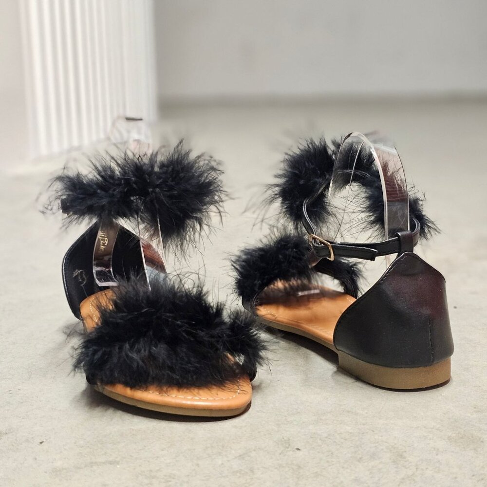 Faux Fur Black Ankle Strap Flat Sandals - Picture 3 of 7